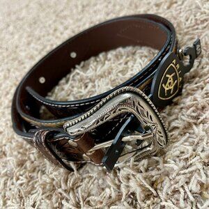 Ariat Men's Calf Hair Concho Tooled Leather Belt Brown, Size 40 (New)